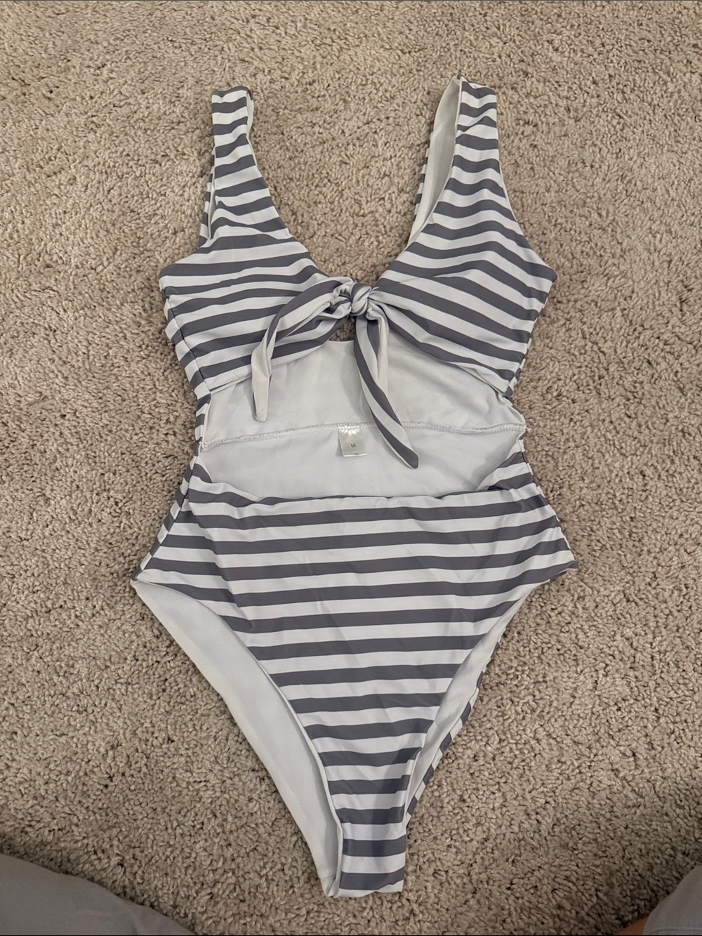 Gray & White Striped One-Piece Swimsuit with Front Tie